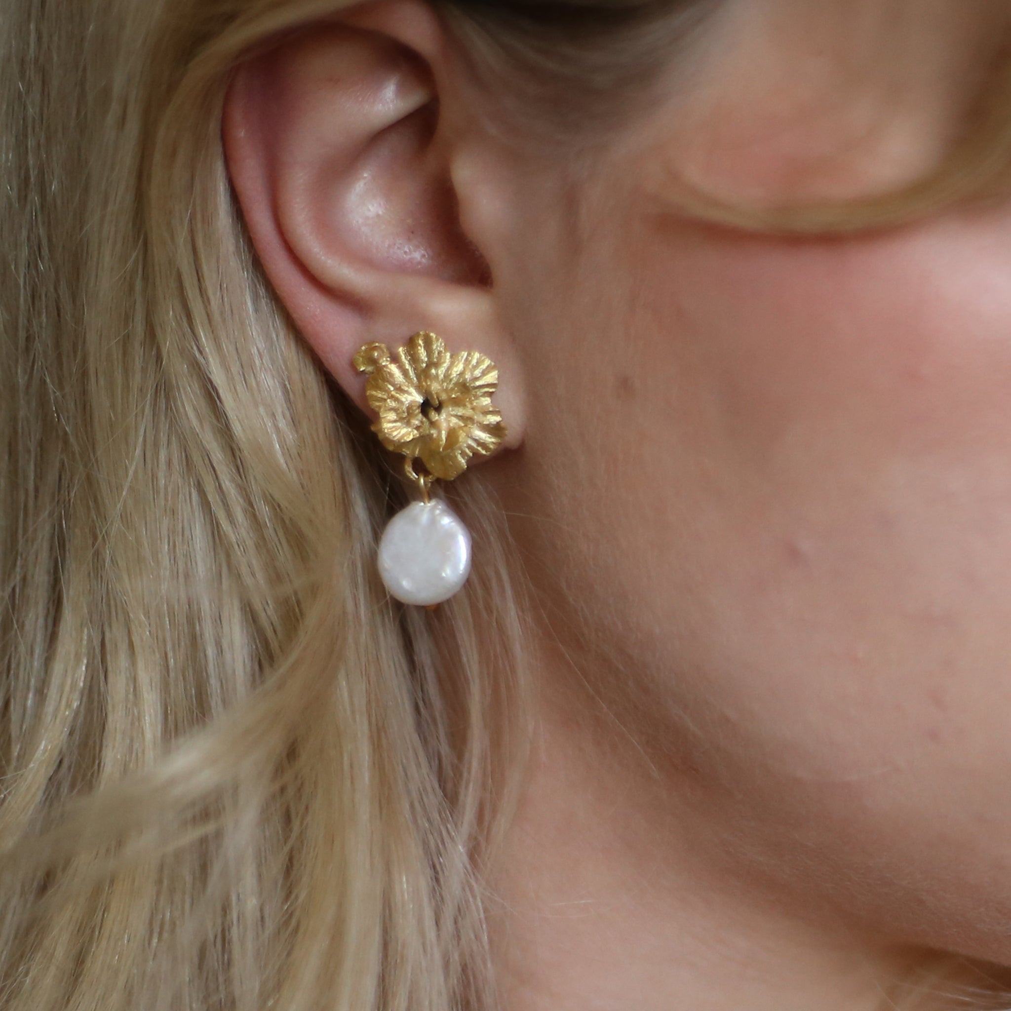 Clematis Earrings with GreenTourmaline & Pearls